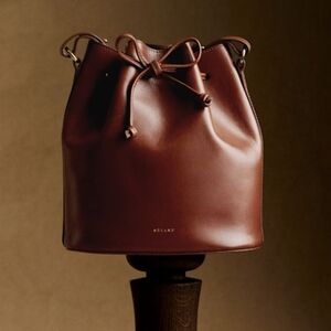 Sezane Farrow Brown Leather Bucket Bag with Drawstring Closure